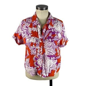 Calligraphie Anthropologie Linen Blend Button Front Top Medium Red Purple Floral